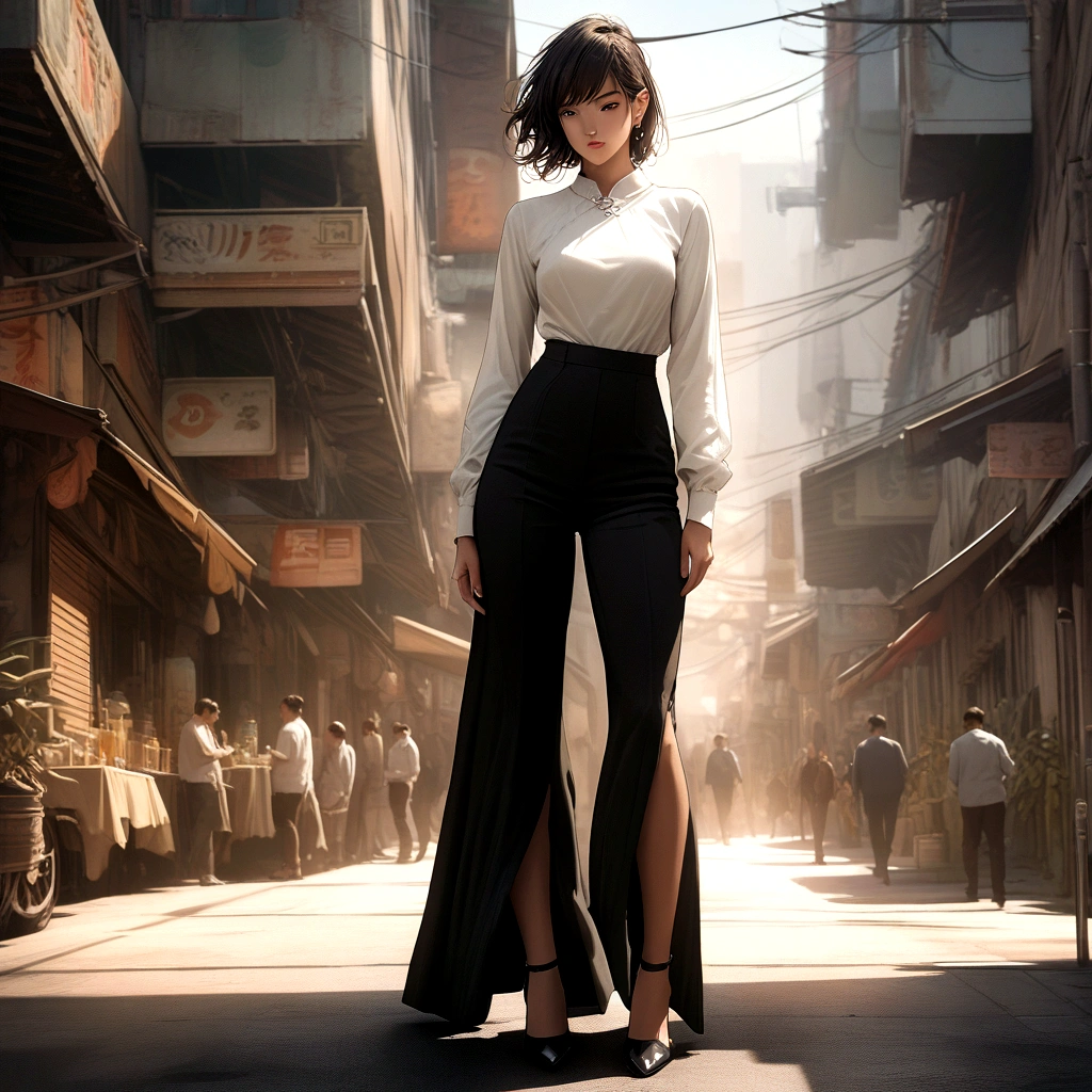 (best quality:1.2, 8k, masterpiece, highly detailed, highest quality), photorealistic, 2D illustration, woman, pear-shaped body, black wide-leg pants, white blouse, black lace tights, black heels, fashionable, sharp, balanced silhouette, elongated legs, elegant, sophisticated, confident, natural lighting, realistic skin, detailed hair, dramatic lighting, high contrast.