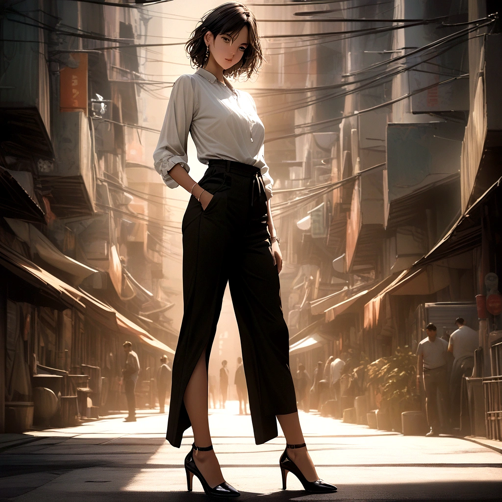 (best quality:1.2, 8k, masterpiece, highly detailed, highest quality), photorealistic, 2D illustration, woman, pear-shaped body, black wide-leg pants, white blouse, black lace tights, black heels, fashionable, sharp, balanced silhouette,  elongated legs, elegant,  sophisticated,  confident,  natural lighting,  realistic skin,  detailed hair,  dramatic lighting,  high contrast.