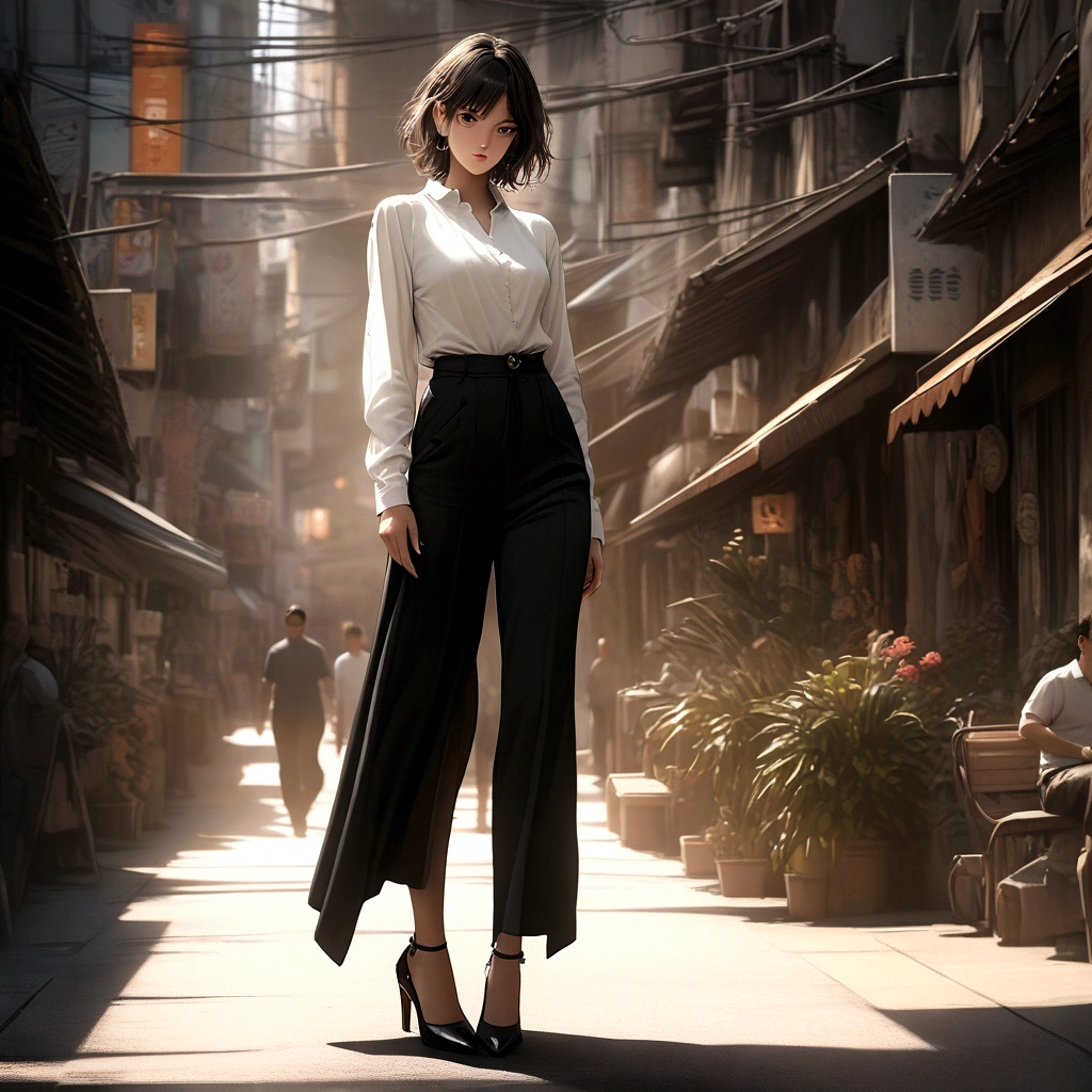 (best quality:1.2, 8k, masterpiece, highly detailed, highest quality), photorealistic, 2D illustration, woman, pear-shaped body, black wide-leg pants, white blouse, black lace tights, black heels, fashionable, sharp, balanced silhouette,  elongated legs, elegant,  sophisticated,  confident,  natural lighting,  realistic skin,  detailed hair,  dramatic lighting,  high contrast.