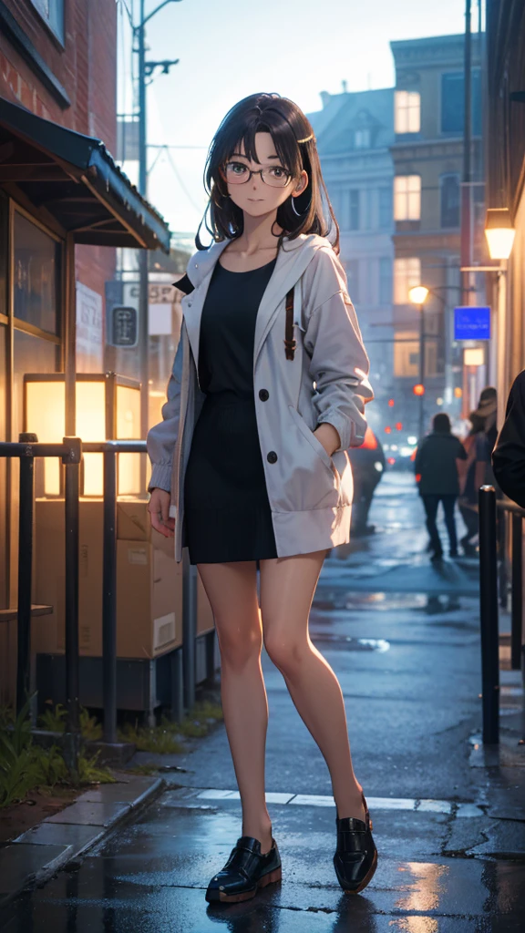 (masterpiece:1.2, top-quality), realistic, photorealistic:1.4, anime character sheet, (natural side lighting, movie lighting), looking at viewer, cowboy shot, front view:0.6, 1 girl, perfect face, cute and symmetrical face, shiny skin, hair between eye, dark brown eyes, long eye lasher, beautiful hair, beautiful face, beautiful detailed eyes, beautiful clavicle, beautiful fingers,  (beautiful scenery), whole body, entire body, full body, total body, upright stance, erect posture, (shoes), (Detail of fingers of both hands), 17-years-old beautiful female, (detailed black rim glasses), (wearing detailed white headphones), black hair, stroll, Plain clothes, not flashy clothes, Clothes suitable for autumn, knowledge, intellectual, enthusiasm, front of whole body, concentration, sense of accomplishment, masterpiece, top quality, academic atmosphere, masterpiece, best quality, ultra-high res, sharp focus, high-definition eyes
