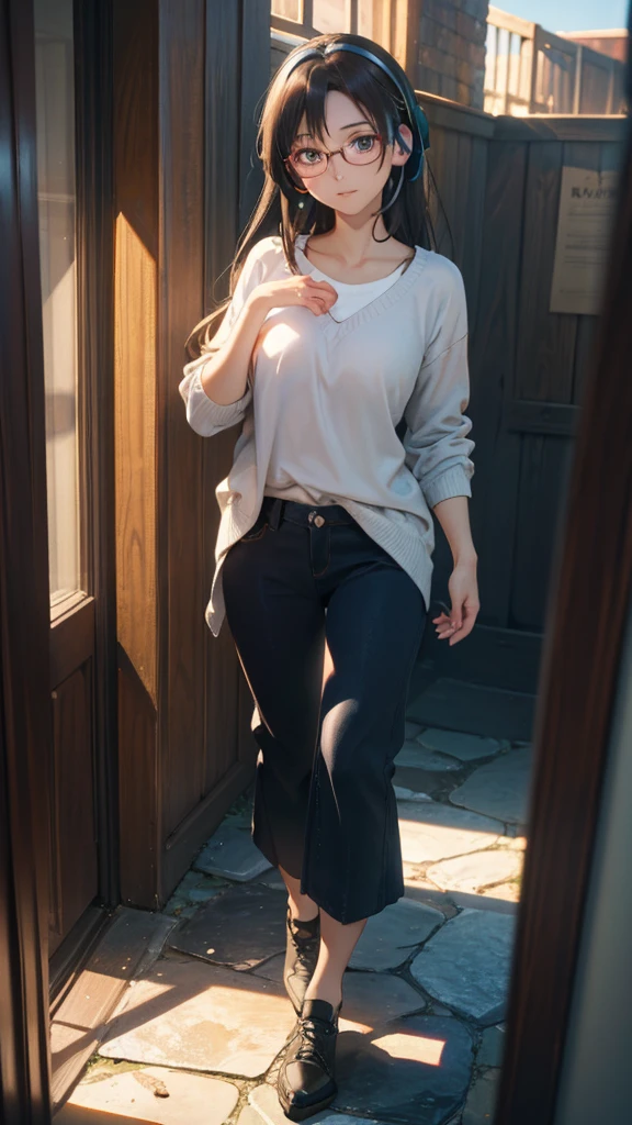 (masterpiece:1.2, top-quality), realistic, photorealistic:1.4, anime character sheet, (natural side lighting, movie lighting), looking at viewer, cowboy shot, front view:0.6, 1 girl, perfect face, cute and symmetrical face, shiny skin, hair between eye, dark brown eyes, long eye lasher, beautiful hair, beautiful face, beautiful detailed eyes, beautiful clavicle, beautiful fingers,  (beautiful scenery), whole body, entire body, full body, total body, upright stance, erect posture, (shoes), (Detail of fingers of both hands), 17-years-old beautiful female, (detailed black rim glasses), (wearing detailed white headphones), black hair, stroll, Plain clothes, not flashy clothes, Clothes suitable for autumn, knowledge, intellectual, enthusiasm, front of whole body, concentration, sense of accomplishment, masterpiece, top quality, academic atmosphere, masterpiece, best quality, ultra-high res, sharp focus, high-definition eyes