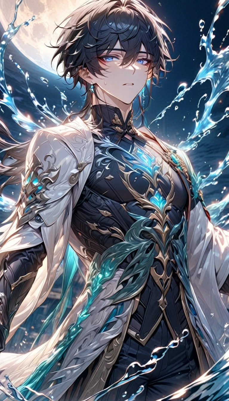 absurdres, highres, ultra detailed, HDR, master piece, best quality, Dan Heng, black hair, expressive blue eyes, Honkai Star Rail, solo, sexy man, handsome, black clothes, white coat, water, magic, fantasy, radiant, magical, water elemental, blue moon