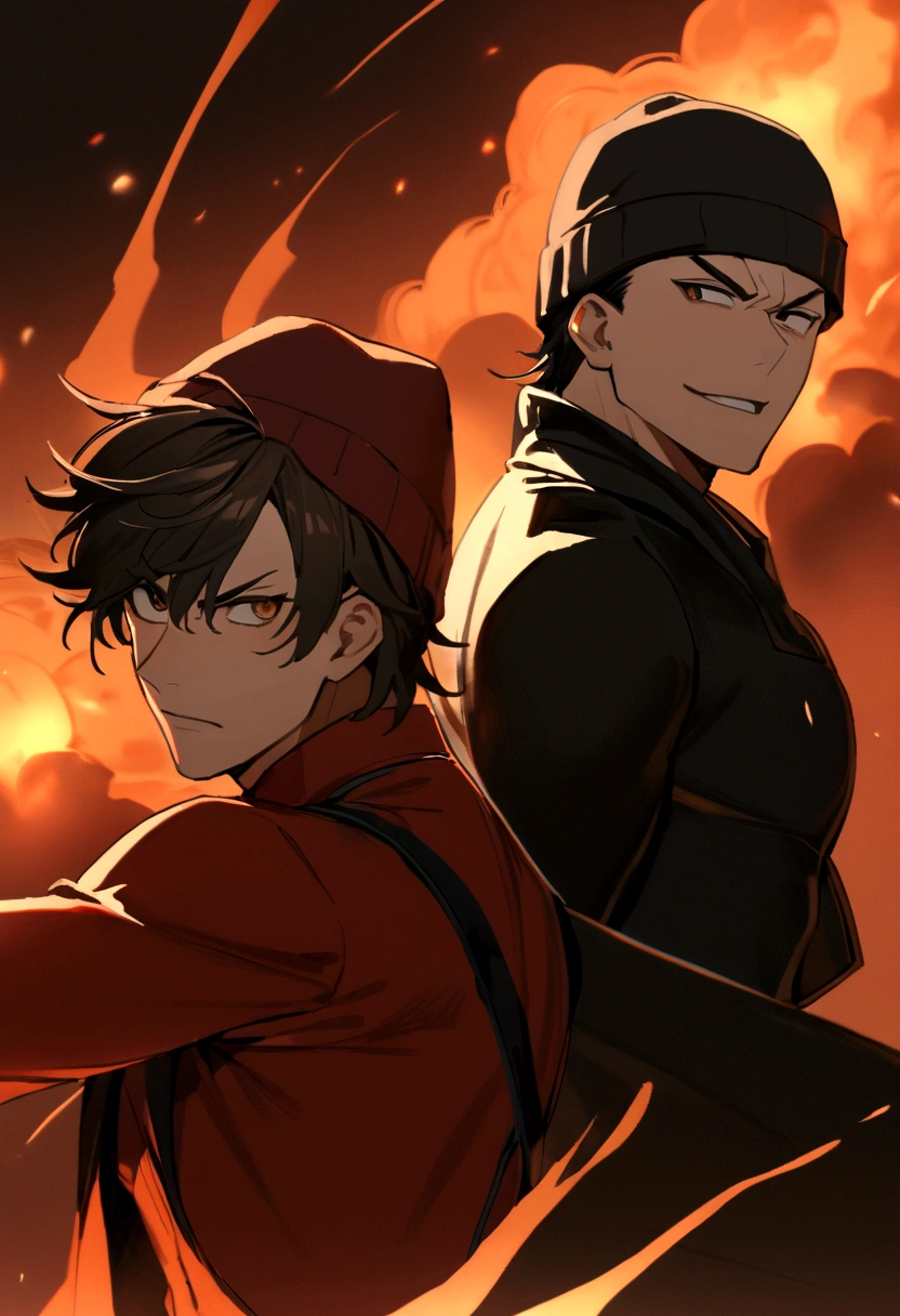 in an image, two boys appear: (A boy (muscular man with short black hair without a hat and with a red shirt) and at his side another boy (medium long brown hair has a black beanie hat, he has black clothes) and they are both in a background of fire, both of them have an angry face, smiling. )