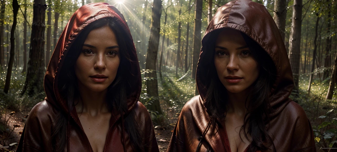 close-up portrait of NewLaraCroft in a forest, (backlight), realistic, masterpiece, highest quality, ((red hooded cloak)), ((scared )), lens flare, shadow, bloom, (( flashes of light)), [chromatic aberration], by Jeremy Lipking, by Antonio J. Manzanedo, by (Alphonse Mucha), digital painting