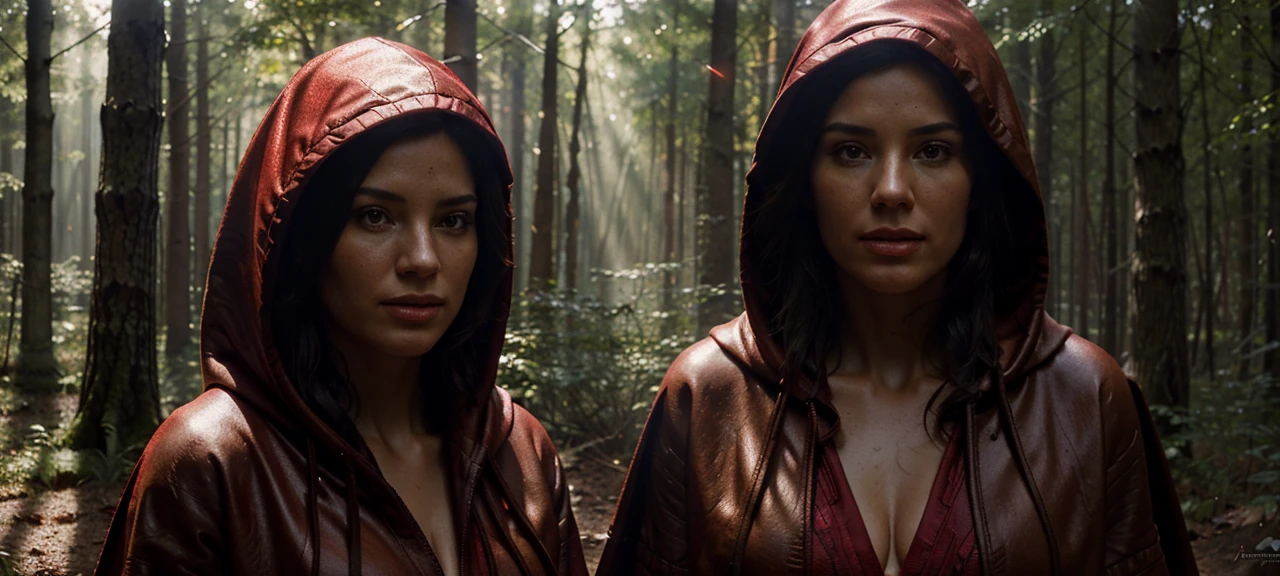 close-up portrait of NewLaraCroft in a forest, (backlight), realistic, masterpiece, highest quality, ((red hooded cloak)), ((scared )), lens flare, shadow, bloom, (( flashes of light)), [chromatic aberration], by Jeremy Lipking, by Antonio J. Manzanedo, by (Alphonse Mucha), digital painting