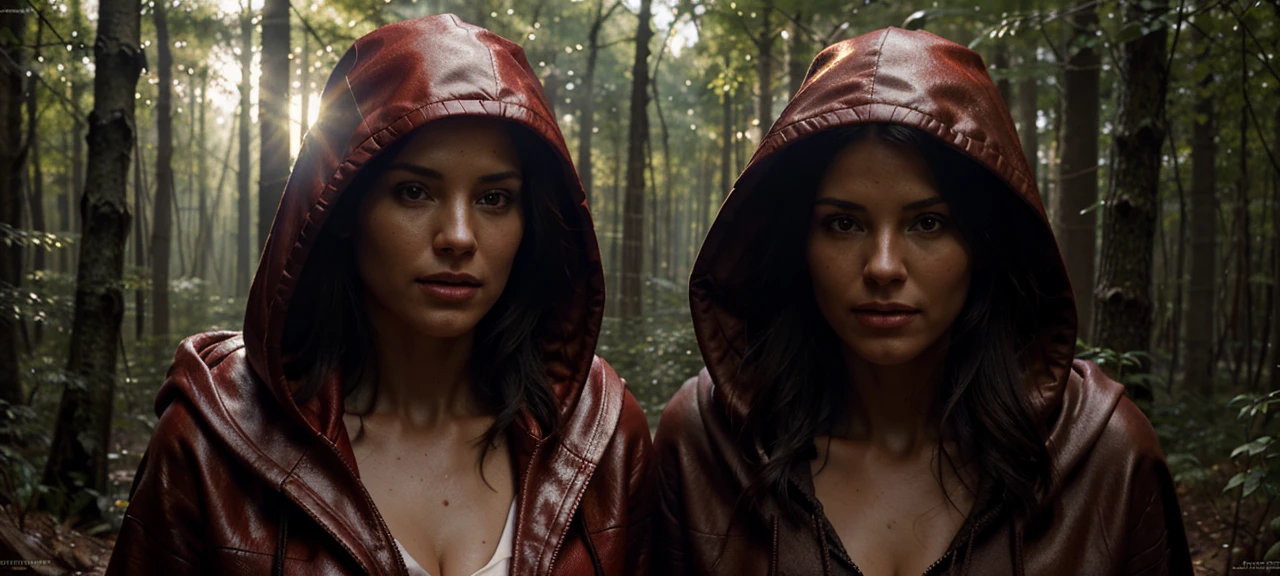close-up portrait of NewLaraCroft in a forest, (backlight), realistic, masterpiece, highest quality, ((red hooded cloak)), ((scared )), lens flare, shadow, bloom, (( flashes of light)), [chromatic aberration], by Jeremy Lipking, by Antonio J. Manzanedo, by (Alphonse Mucha), digital painting