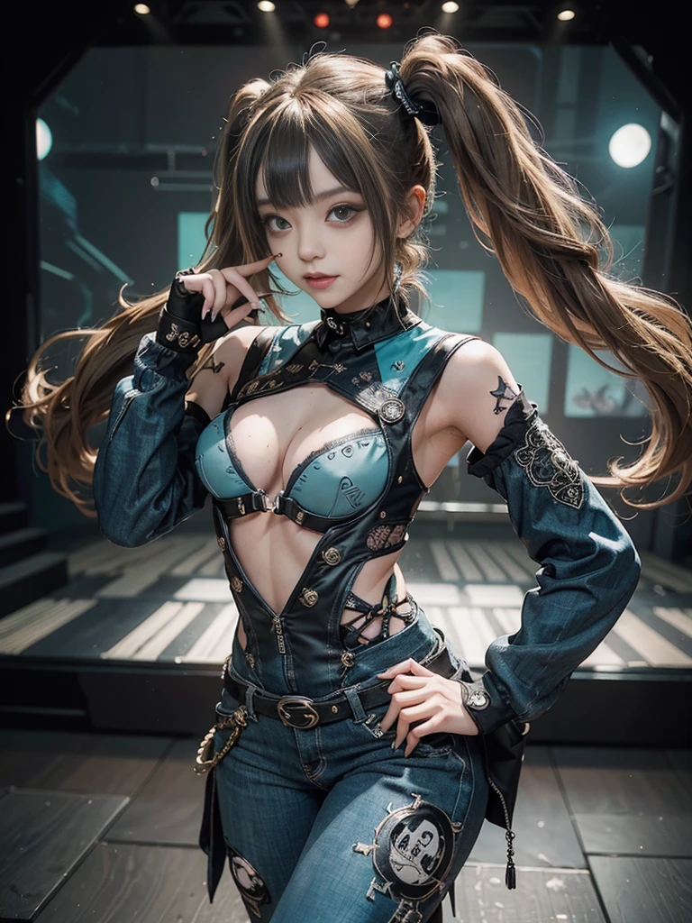 (Full Body View:1.4)、(Full body:1.3)、(Smiling with teeth showing:1.3),(Shibuya Gal:1.5)、(Gothic ta style fashion:1.5)、(Punk RockVisual Kei:1.5)、(Wearing a rhythmic gymnastics bodysuit with intricate details:1.4)、(Racing suit and pants with intricate turquoise, denim and charcoal decorations:1.5)、(Denim and light blue and turquoise boots:1.3)、((belt))、(Numerous delicate logo marks all over the costume:1.4)、(collar:1.3)、(Polka dot underwear:1.5)、20-year-old、NSFW、((Highest quality、In 8K、masterpiece:1.3))、Sharp focus:1.2、(Layered Cut、Huge boobs:1.1),Beautiful woman with perfect figure:1.4、(do a gravure pose:1.3)、Slender Abs:1.2、Highly detailed face and skin texture、Detailed eyes、double eyelid,(Twin tails:1.3)、(Brown-golden hair:1.3)、Gravure idol、(The background is the stage of the fashion show:1.3)、(Slim body:1.3),(Make your legs thinner:1.4),(clavicle:1.1)