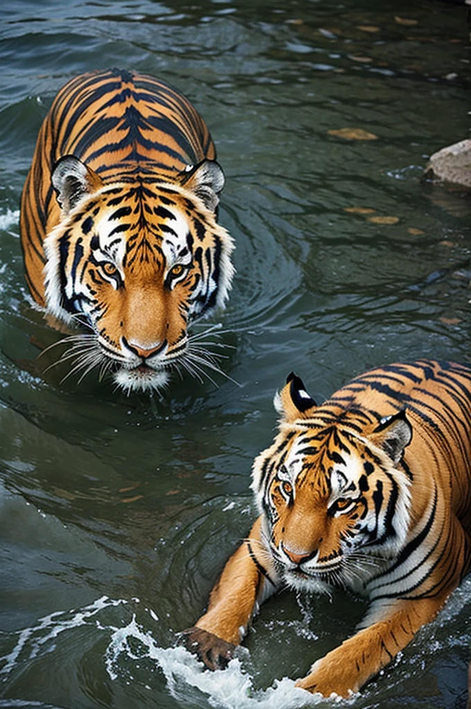 A Siberian tiger in a stream with its cub