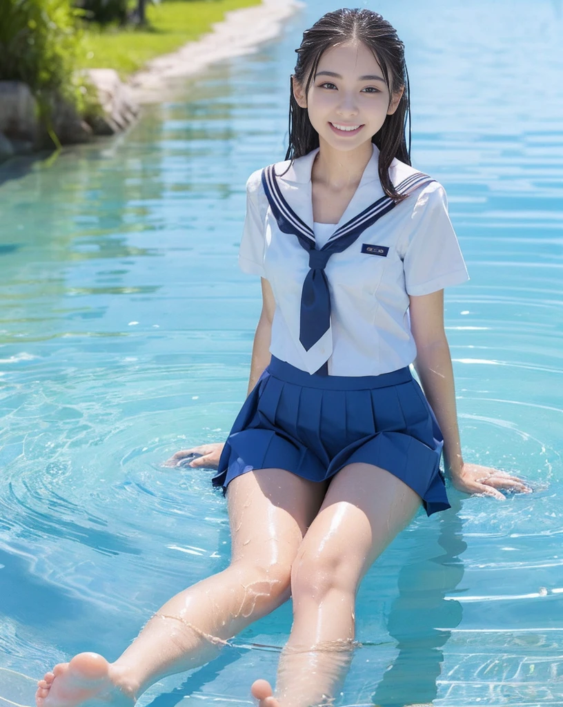 (NFSW)、(High resolution:1.5)、Highest quality,Very detailed,masterpiece,Super detailed,alone,(1人の12歳のBig Breastsの女の子),((Summer School Uniforms:1.5)), Seraphim, ((skirt:1.5)),  smile, Thigh fetish images: 1.5、(((barefoot)))、(Her thighs and white bikini reflected in the clear blue water)、(reflected in water:1.5)、((I can see the white string panties:1.5))、(Cleavage)、((Clear blue seawater))、Summer sun、はしゃいだsmile、Beautiful Eyes、(pull-out-panties)、(Panties on knees)、(The water is marine blue: 1.5)、(((Glossy thighs)))、((Creative and random outfits))、(Big Breasts)、(Cleavageを強調)