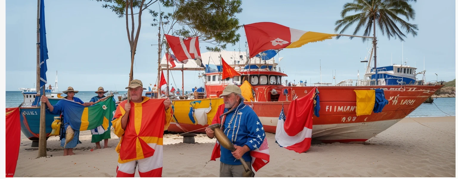 fishermen standing on fishing boats, festivals, flags,Blue Coast, beach, by Bill_Brauer, best quality, masterpiece, very aesthetic, perfect composition, intricate details, ultra-detailed