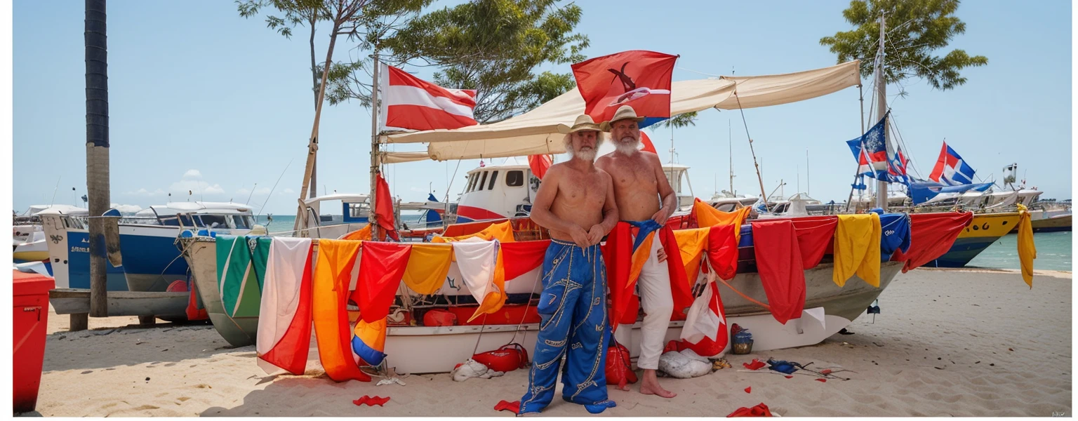 fishermen standing on fishing boats, festivals, flags,Blue Coast, beach, by Bill_Brauer, best quality, masterpiece, very aesthetic, perfect composition, intricate details, ultra-detailed