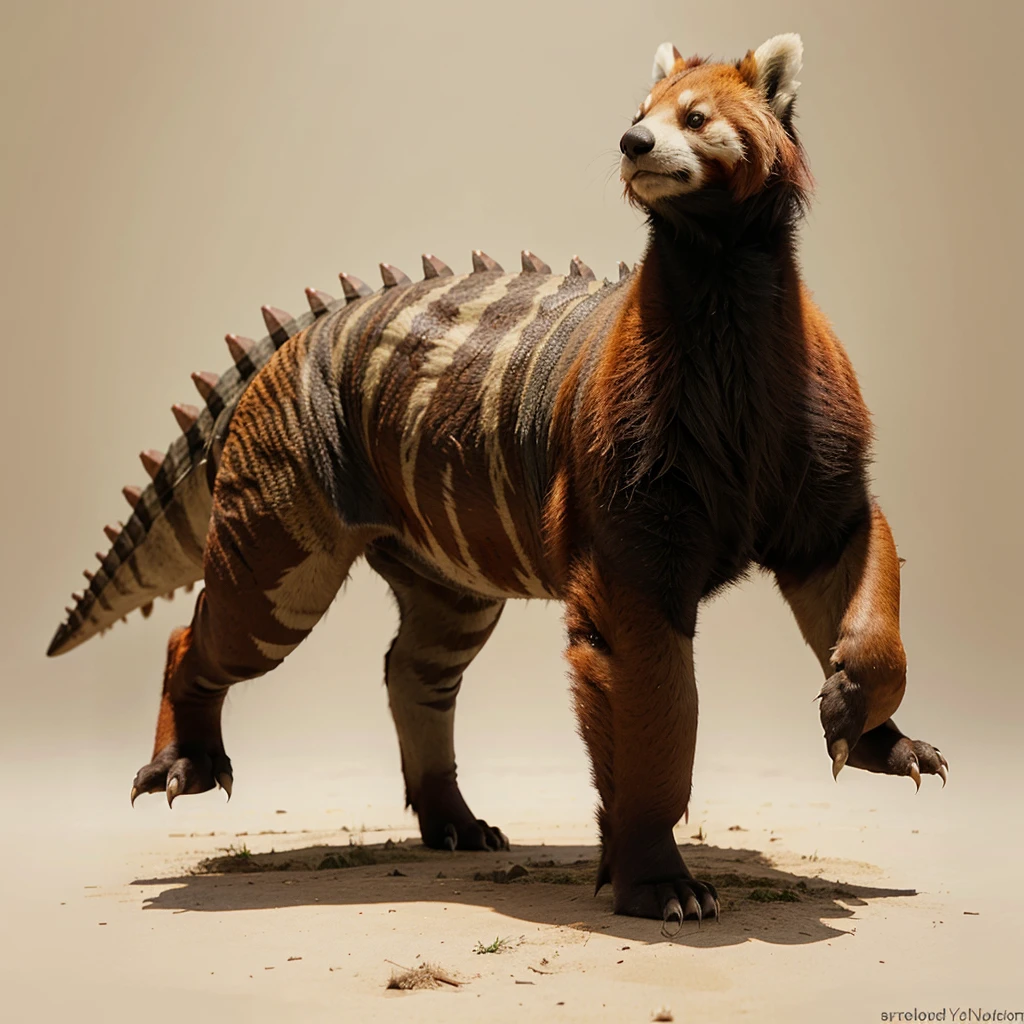 Big Animaly, has grees stripes on his skin, reds eyes, red panda mixed with stegosaurus, Grassroots, no background