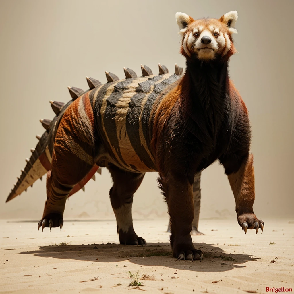 Big Animaly, has grees stripes on his skin, reds eyes, red panda mixed with stegosaurus, Grassroots, no background