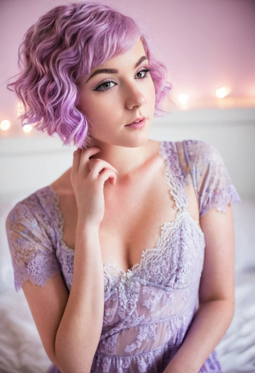 a portrait of a beautiful 20-year-old model with a pink pixie cut hair and a lavender lace nightgown, boudoir photography, beautiful lighting