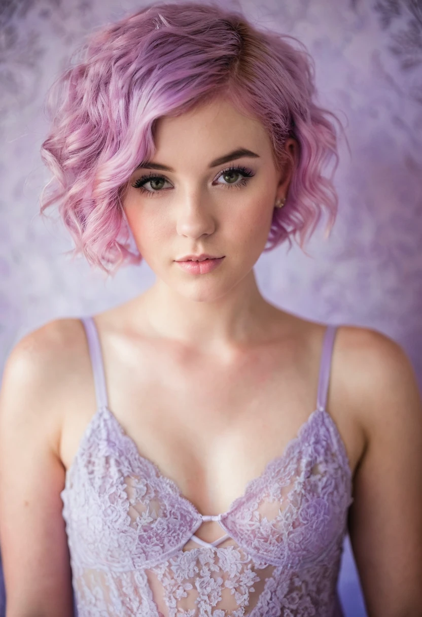 a portrait of a beautiful 20-year-old model with a pink pixie cut hair and a lavender lace nightgown, boudoir photography, beautiful lighting