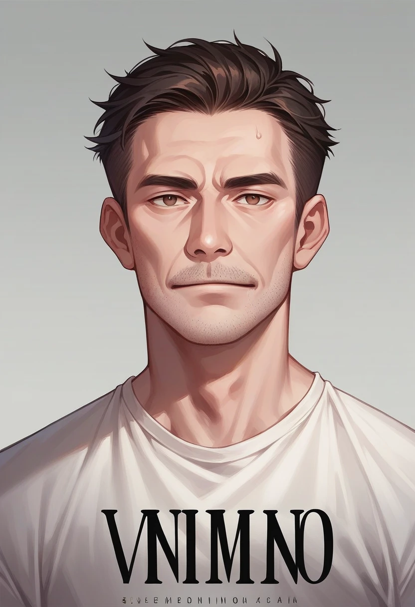 Create a realistic image of a 50-year-old man. With a shirt written a name, Severino 