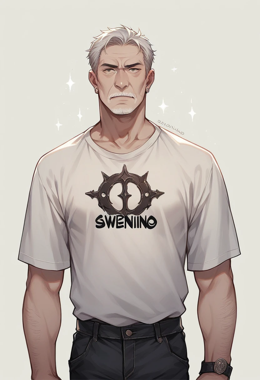 Create a realistic image of a 50-year-old man. With a shirt written a name, Severino