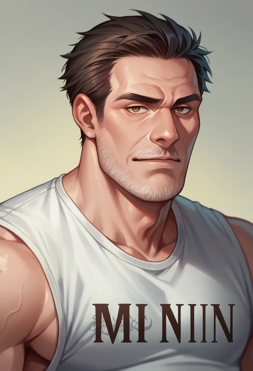 Create a realistic image of a 50-year-old man. With a shirt written a name, Severino 