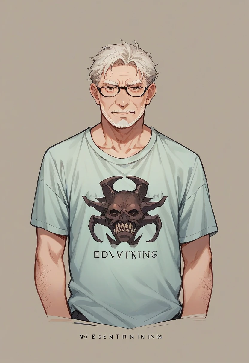 Create a realistic image of a 50-year-old man. With a shirt written a name, Severino 