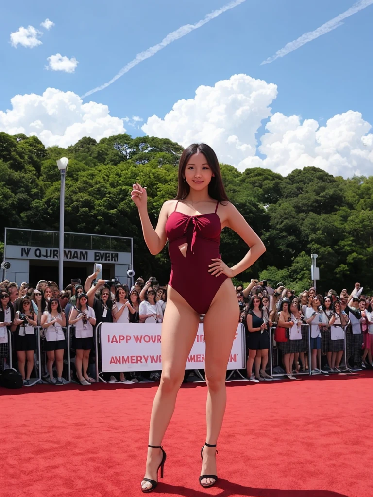 long shot scenic professional photograph of full body picture of a gorgeous 1girl elaine_noexist as a movie star BREAK wearing school swimsuit BREAK (movie premiere gala), (standing on the red carpet)., perfect viewpoint, highly detailed, wide-angle lens, hyper realistic, with dramatic sky, polarizing filter, natural lighting, vivid colors, everything in sharp focus, HDR, UHD, K