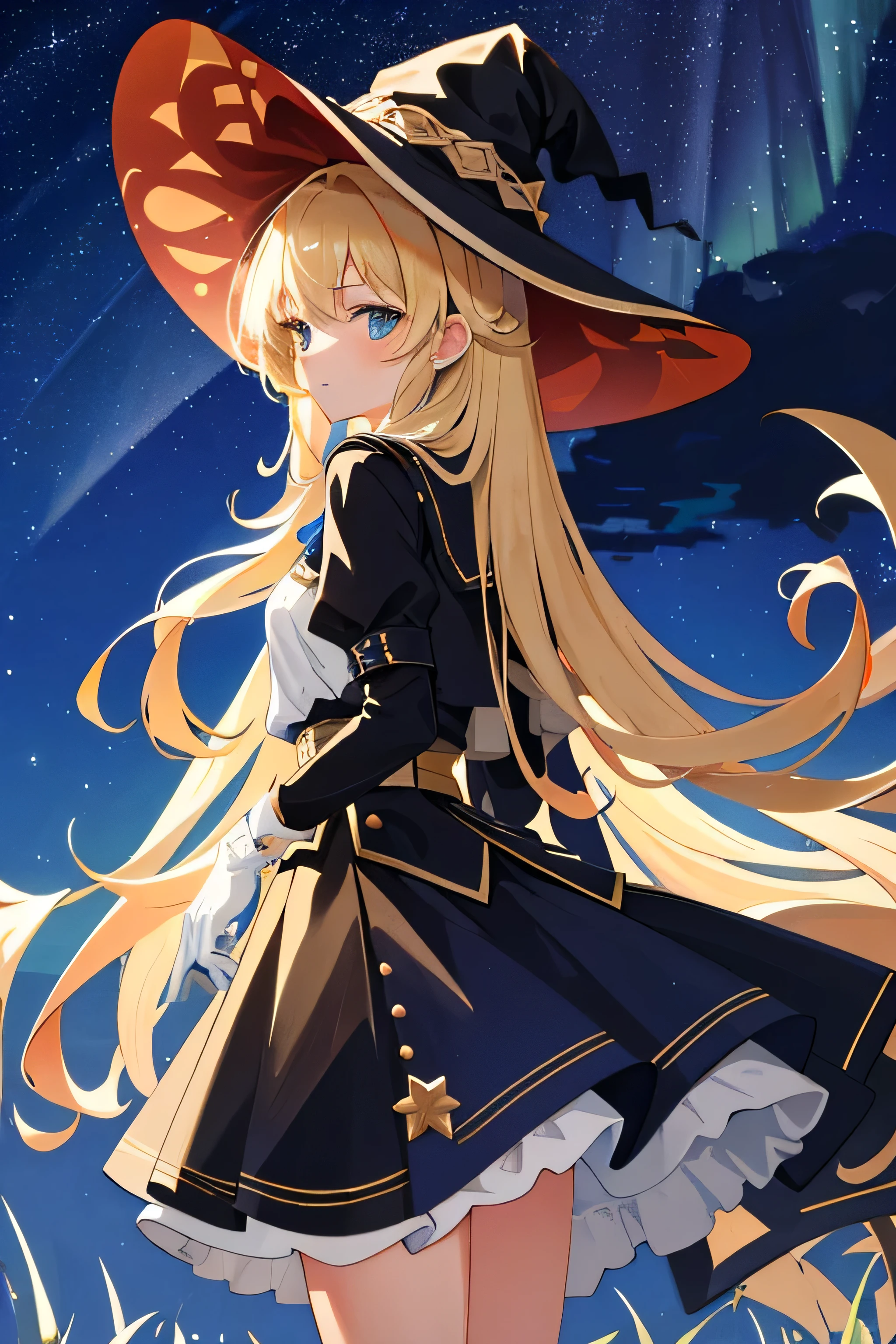 ((masterpiece:1.2, best quality)), 1 Girl, Solitary, (Witch Hat), Blonde hair, Long hair, skirt, aurora, night, Star (Sky), Gloves, Sky, White skirt, night days