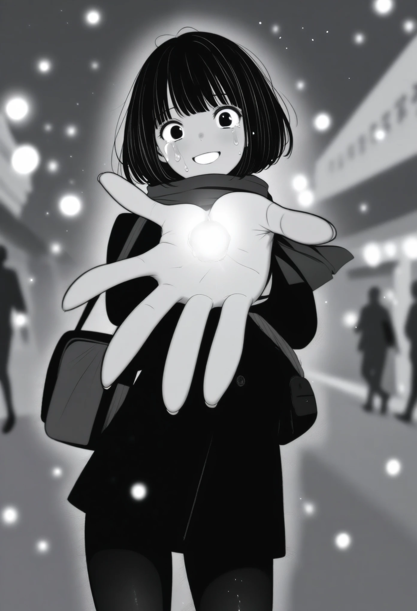 masterpiece, best quality, 1girl, mamerakkkkko, grayscale, manga style, japanese, chi no wadachi, black eyes, street, iced, black hair, schoolbag, smile, lineart, black coat, black scarf, black pleated skirt, leggins, centered, 18 years old, tall, fair skinned, bokeh background, crying, tears, tears streaming, bob cut, light particles, centered, snowing, (((reaching out a hand to viewer, perfect hand, detailed hand):1.1))
