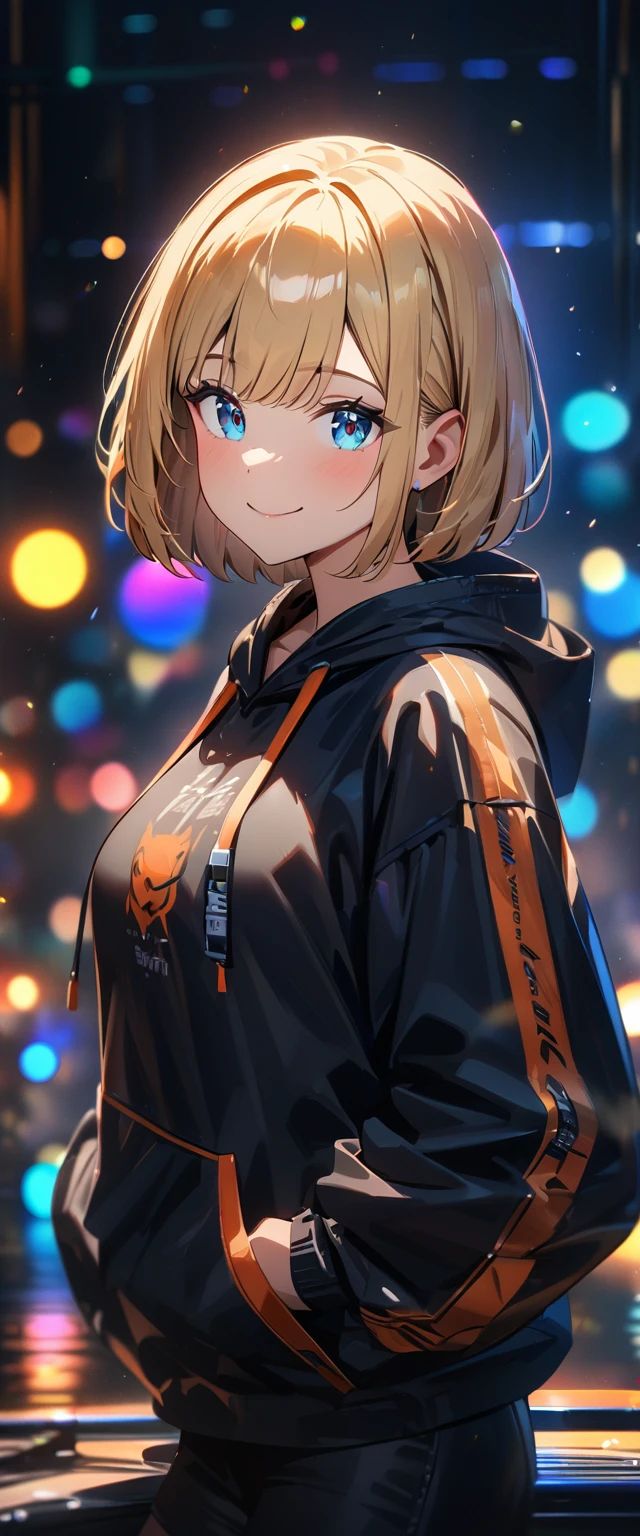 (((One girl))), blond hair, bob cut, (upper body), (looking at viewer), breasts, teenager, head tilt:1.3, (((blue eye))), (from side), hand in pocket, ((happy smile)), black hoodie, black shorts, anime style, (best quality, 4k, 8k, highres, masterpiece:1.2, ultra-detailed, ultra-detailed eyes, HDR, UHD, studio lighting, ultra-fine painting, sharp focus, physically-based rendering, extreme detail description, professional, vivid colors, bokeh)