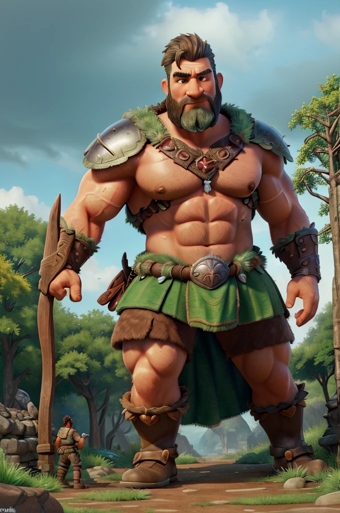 a barbarian warrior climbing up a massive beanstalk, muscular male figure in fur armor, holding a large battle axe, dramatic lighting, fantasy landscape, lush green foliage, cloudy sky, cinematic composition, epic fantasy, muted color palette, chiaroscuro lighting, highly detailed, intricate textures, (best quality,4k,8k,highres,masterpiece:1.2),ultra-detailed,(realistic,photorealistic,photo-realistic:1.37)