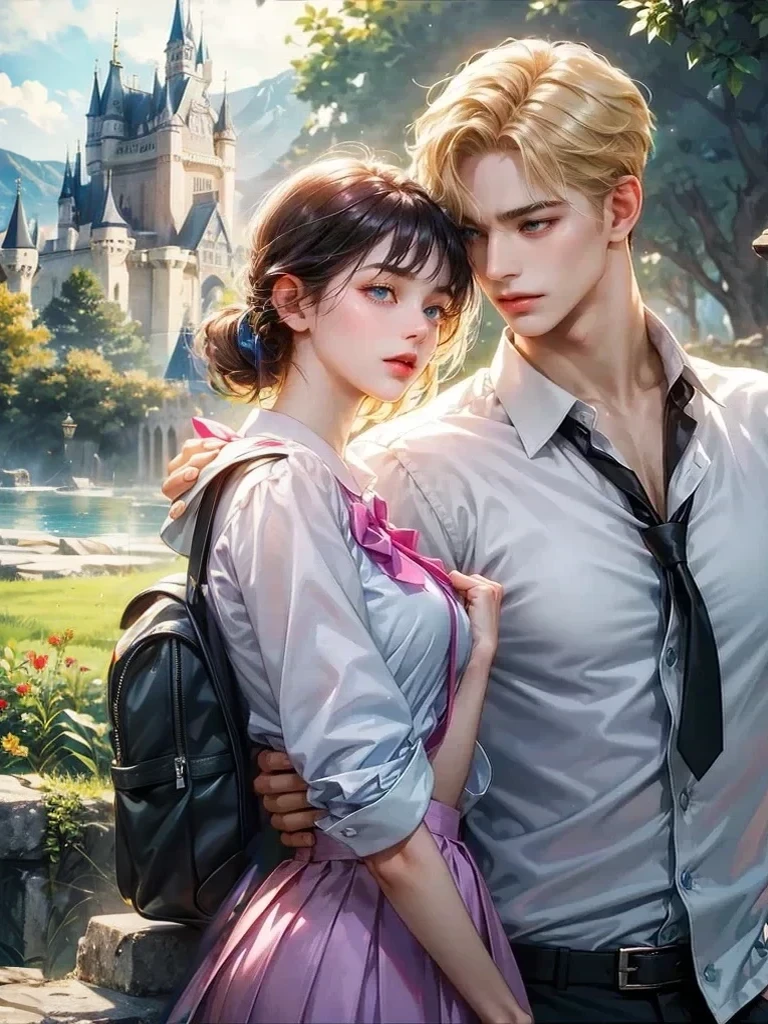 The girl wears a white shirt. The girl has on her shoulders a backpack. Background the landscape