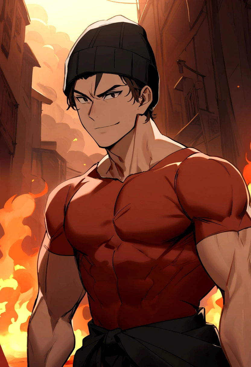 in an image, two boys appear: (A boy (muscular man with short black hair without a hat and with a red shirt) and at his side another boy (medium long brown hair has a black beanie hat, he has black clothes) and they are both in a background of fire, both of them have an angry face, smiling. )