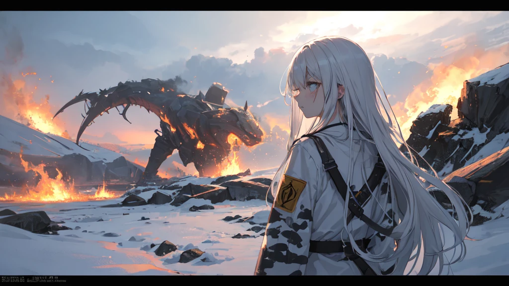 masterpiece:1.2), best quality , 独奏 ,pixiv, anime girl ，long straight white hair , black eyes ,Wearing off-white camouflage uniform ,ten years old，modern battlefield，(Eyes looking into the distance:1.3)，(look away:1.5)，snowy weather，dirty face，The background is a sea of fire with blood on the forehead，dirty face，Backlight，Bare rocky peaks ,Fierce flames are burning，The expression is sad，bullets flying，leave tears