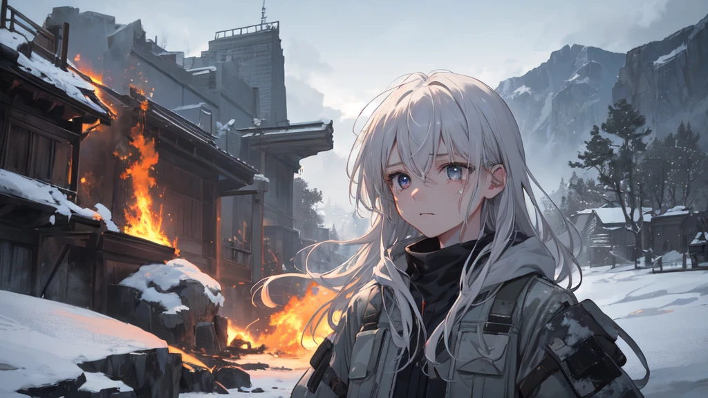 masterpiece:1.2), best quality , 独奏 ,pixiv, anime girl ，long straight white hair , black eyes ,Wearing off-white camouflage uniform ,ten years old，modern battlefield，(Eyes looking into the distance:1.3)，(look away:1.5)，snowy weather，dirty face，The background is a sea of fire with blood on the forehead，dirty face，Backlight，Bare rocky peaks ,Fierce flames are burning，The expression is sad，bullets flying，leave tears