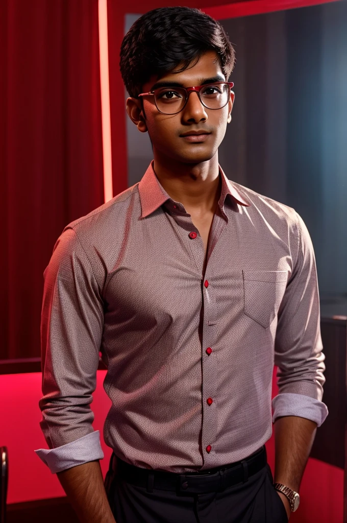 21 year old indian boy With fair skin Wearing spectacles and narrow body Posing for a linkedin picture in formals red light in background