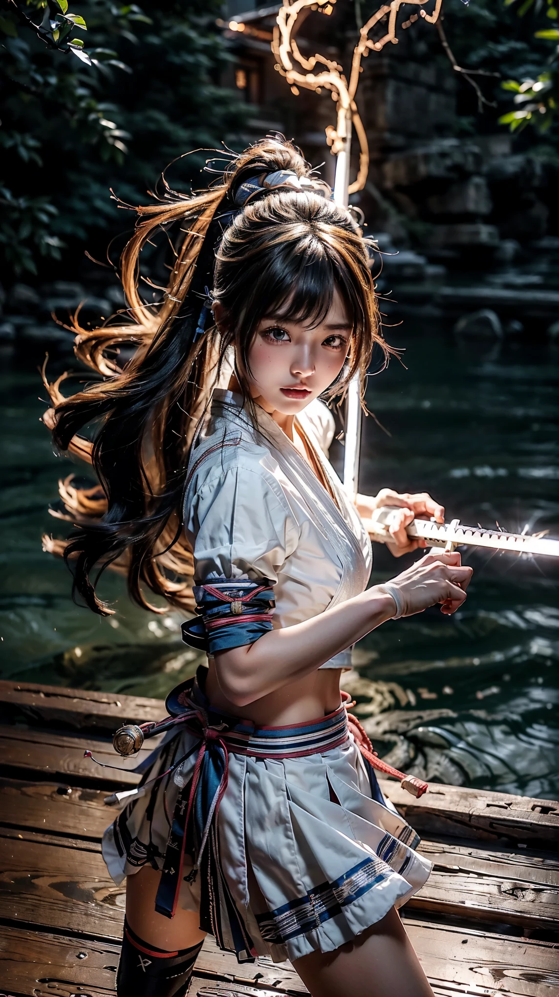 (Ultra HD, Highest quality, High resolution, Hyperrealistic, super beautiful), 24000dpi, Beautiful woman, high school girl, Long Tail, Headband, Well-formed eyes, Eyesight max, 18-year-old, Alluring, Completely American, perfect body, Physical Beauty, ((Japanese Sailor Suit:1.3, serafuku, Japanese style mini skirt)), (((hold, Electric Japanese Sword, Ancient Scabbard))), (Blue Lightning), Charge Move, ((Special move position)), All in one, Absurd, (((Anatomically correct))), whole body