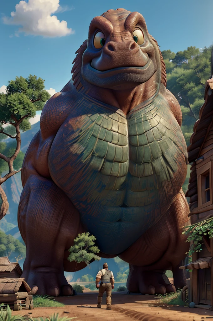 a giant muscular dinosaur with massive biceps, walking through a small rural village, detailed anatomy, photorealistic, 8k, extremely detailed, cinematic lighting, dramatic pose, detailed texture, (best quality, 4k, 8k, highres, masterpiece:1.2), ultra-detailed, (realistic, photorealistic, photo-realistic:1.37), hyperrealistic, cinematic, dramatic lighting, intricate details, hyper detailed scales, powerful muscles, intimidating presence, lush vegetation, rustic village, wooden buildings, dirt roads, curious onlookers, dramatic composition