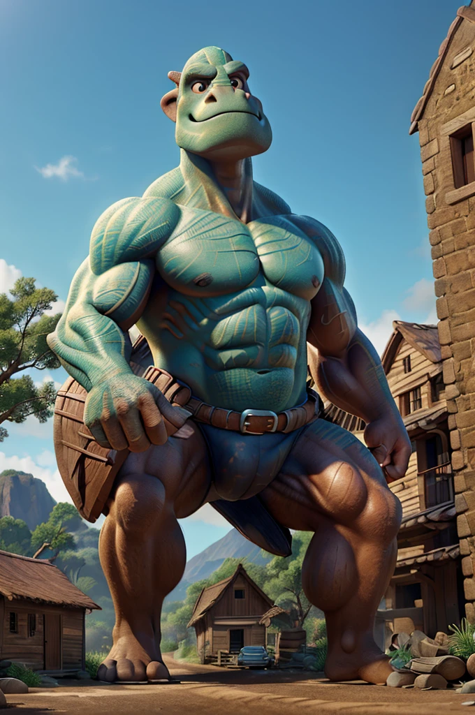 a giant muscular dinosaur with massive biceps, walking through a small rural village, detailed anatomy, photorealistic, 8k, extremely detailed, cinematic lighting, dramatic pose, detailed texture, (best quality, 4k, 8k, highres, masterpiece:1.2), ultra-detailed, (realistic, photorealistic, photo-realistic:1.37), hyperrealistic, cinematic, dramatic lighting, intricate details, hyper detailed scales, powerful muscles, intimidating presence, lush vegetation, rustic village, wooden buildings, dirt roads, curious onlookers, dramatic composition