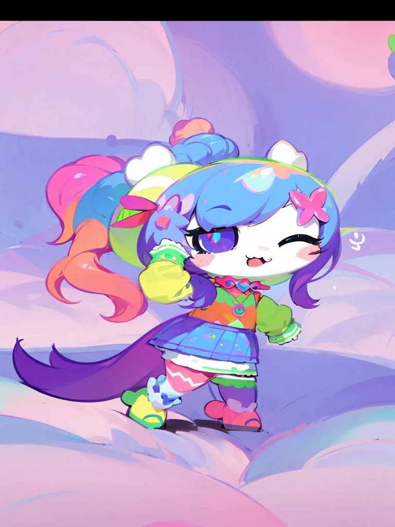 a close up of a cartoon character with a pink and blue dress, cutecore, cutecore clowncore, rainbowcore, cute colorful adorable, kawaii decora rainbowcore, aesthetic cute with flutter, advanced digital chibi art, fursona wearing stylish clothes, kawaii chibi, anthropomorphic mare, cartoonish cute, cute character, unicorn, detailed purple eye.