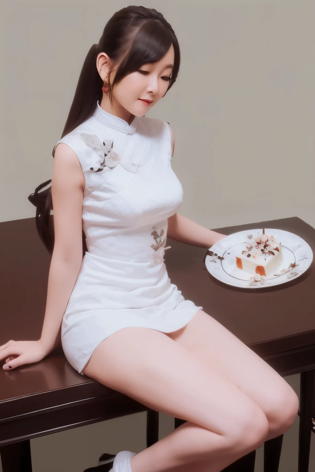 Araf woman in white dress leaning on table in front of building, Sleek white skintight suit, wearing white clothes, White silk suit, Wearing beautiful white, Full body fairy, a beautiful woman in white, Full length and white stockings, sakimicchan, Wearing a white dress, Very beautiful, thin and long legs, Photo of slim female model holding a plate of almonds