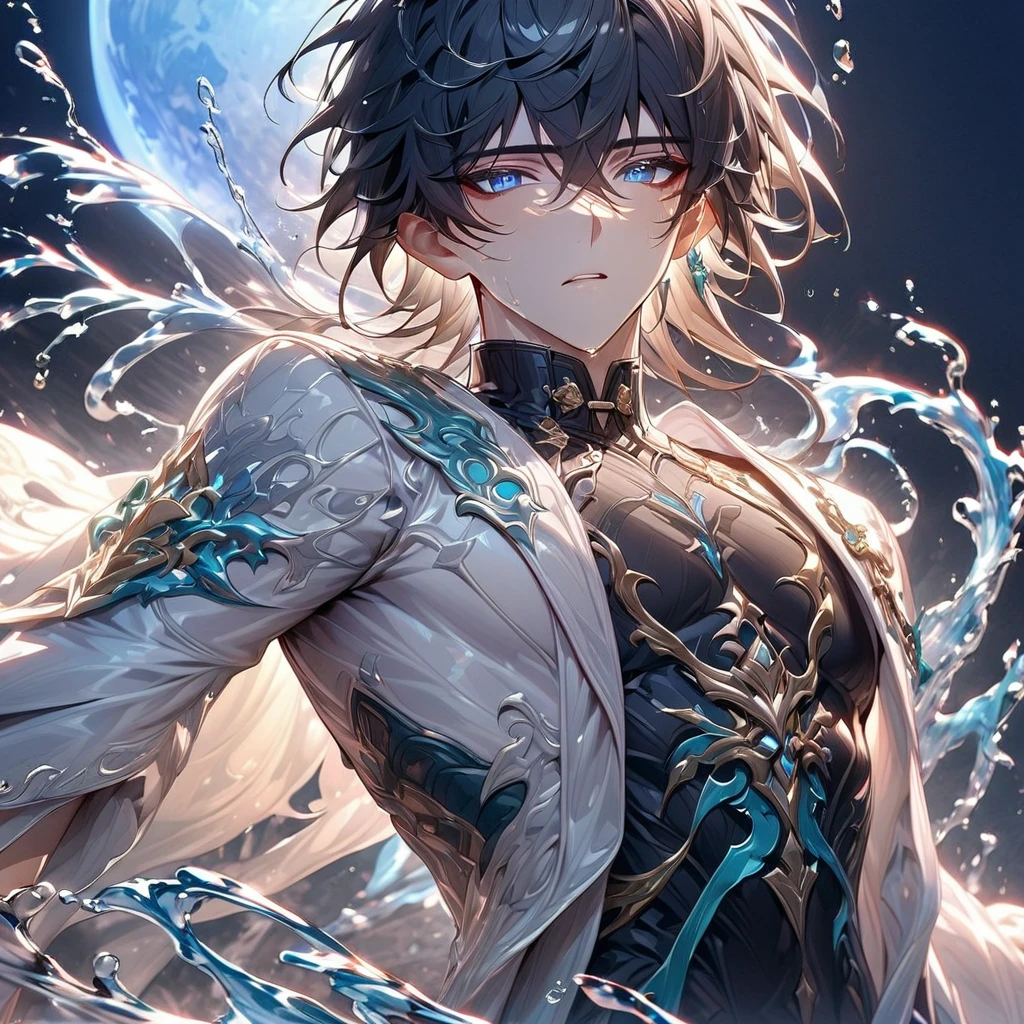 absurdres, highres, ultra detailed, HDR, master piece, best quality, Dan Heng, black hair, expressive blue eyes, Honkai Star Rail, solo, sexy man, handsome, black clothes, white coat, water, magic, fantasy, radiant, magical, water elemental, blue moon