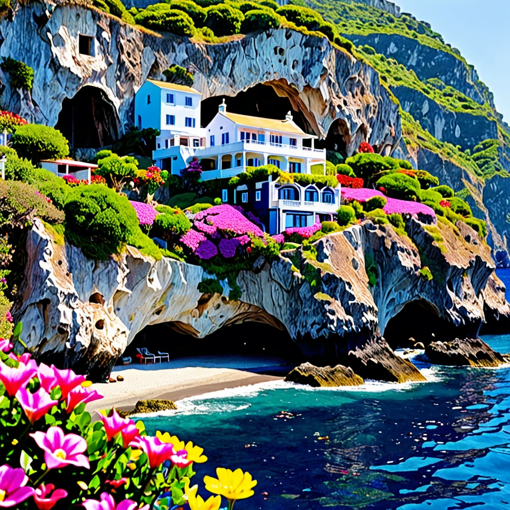 View from the sea to a cave house. The house is close to the sea and adorned with predominantly pink, red, black, blue, white, purple, and yellow flowers hanging over it.