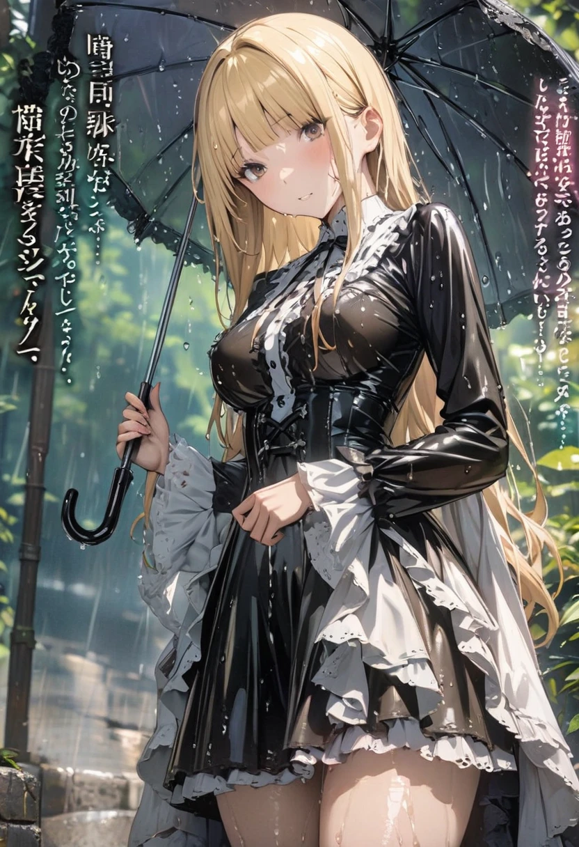 Magazine cover(masterpiece, best quality:1.2), 1 girl holding an umbrella, solitary,Wet body,blond((Exquisite eyes))((gothic_ta))outdoor,rain(HD)((best quality)), ((Surrealism))