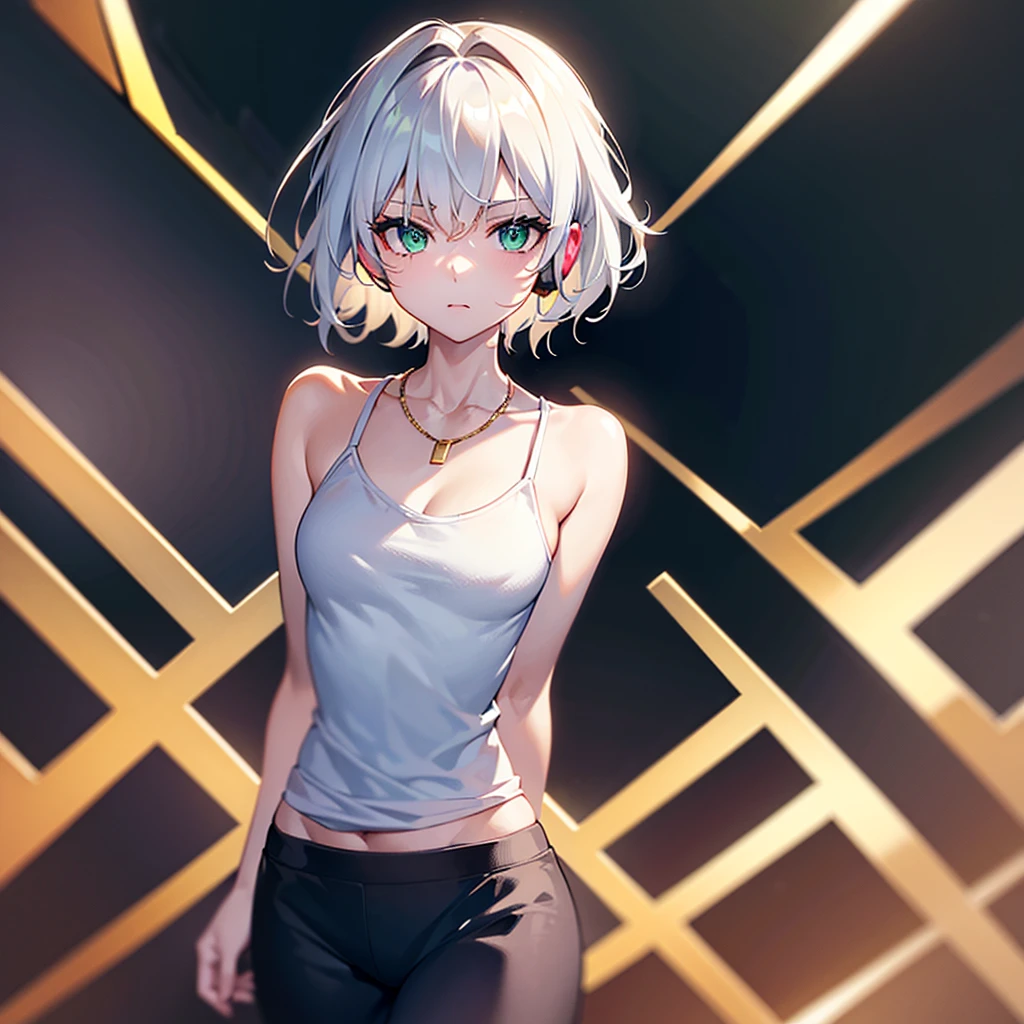 , (extremely detailed CG unity 8k wallpaper),(masterpiece),(best quality),(ultra-detailed),(best illustration),(best shadow), white hair, messy hair formal, scars on arms, green eyes, gold necklace, 1male, short hair, looking at viewer, solo focus, solo, black tank top, headphone around neck, upper body, scar on face, anime style, young adult face