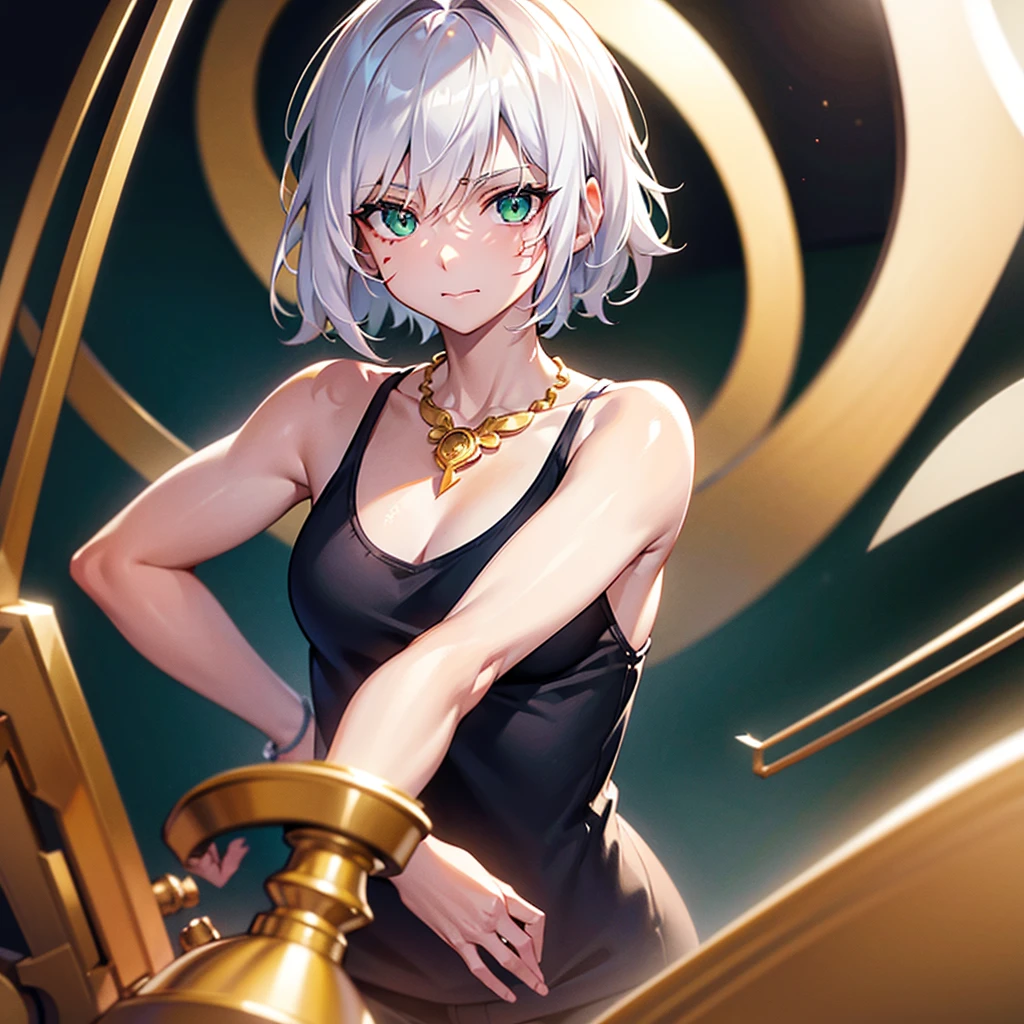 , (extremely detailed CG unity 8k wallpaper),(masterpiece),(best quality),(ultra-detailed),(best illustration),(best shadow), white hair, messy hair formal, scars on arms, green eyes, gold necklace, 1male, short hair, looking at viewer, solo focus, solo, black tank top, headphone around neck, upper body, scar on face, anime style, young adult face