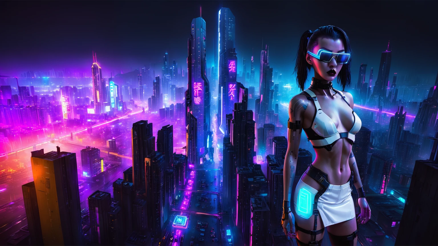 (((1woman, solo))), rainbow light, 3d neon art of a woman's body, cyberpunk femme fatale, seductive cyberpunk dark fantasy, cyberpunk 20 y. o large-:1.4 model girl, (((with black miniskirt and white lace panty, matrix style black micro sunglasses))), oppai cyberpunk, banner, high definition cgsociety, cgsociety masterpiece, trending on cgstation, kda, (((((aerial view))))) image of neon-noir cyberpcity in the background.
