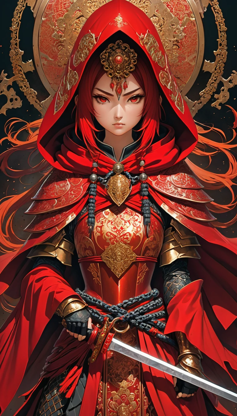 An ancient anthropomorphic goddess warrior, clad in a blood-red hooded cloak, exudes an aura of mystery and power. Her armor, consisting of rusted, bloody plates and intricately detailed chains, glimmers in the dark, reflecting the refined pen and ink patterns reminiscent of iconic artists such as Yoshitaka Amano, Ruan Jia, Kentaro Miura, and Artgerm. Wielding a broken, rusty great sword, she embodies the raw essence of battle and the passage of time. The intricate designs on her armor blend seamlessly with Artgerm's meticulous line work, creating a captivating blend of
