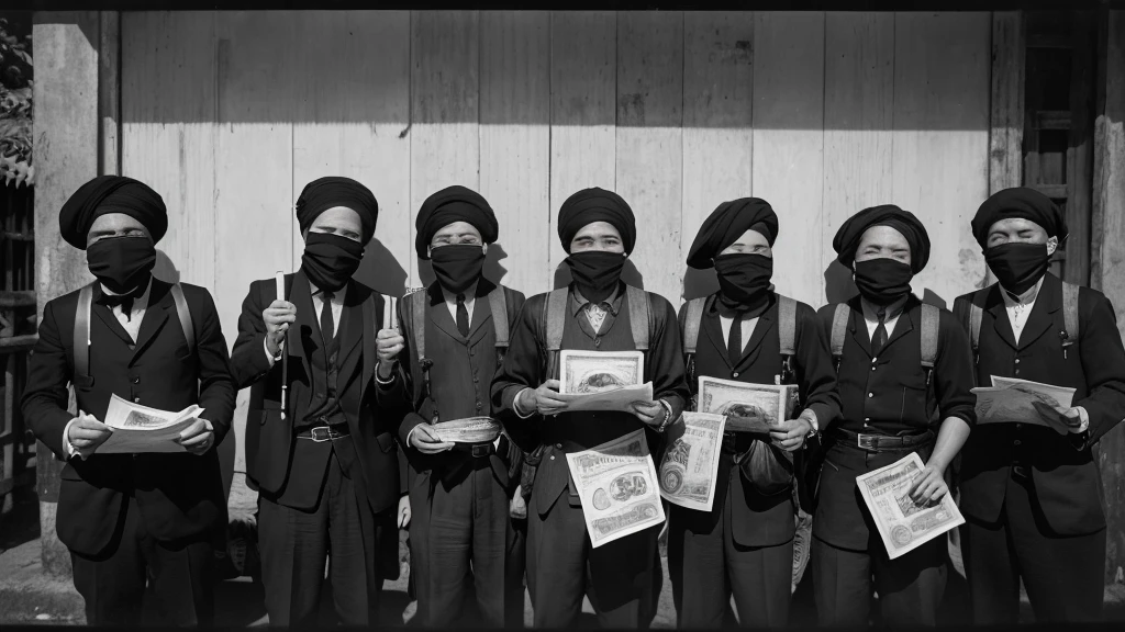 1930s, monochrome photography, A group of robber gang in Southeast Asia, stacked wad of bills, mouth and nose covered with a black bandana, ((black bandana)), 32K, Best quality, Masterpiece, super detail, High Details,
