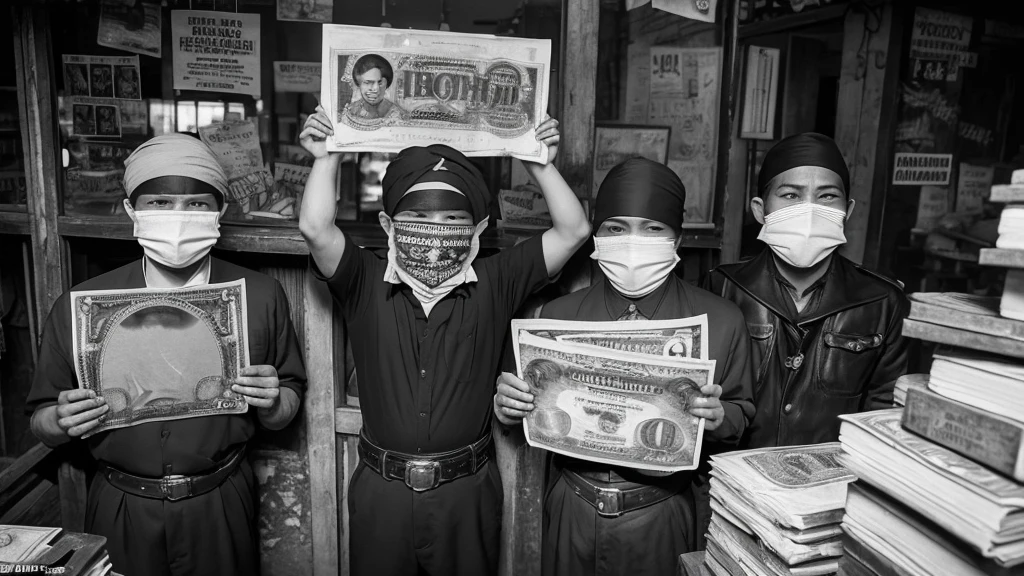 1930s, monochrome photography, A group of robber gang in Southeast Asia, stacked wad of bills, mouth and nose covered with a black bandana, ((black bandana)), 32K, Best quality, Masterpiece, super detail, High Details,