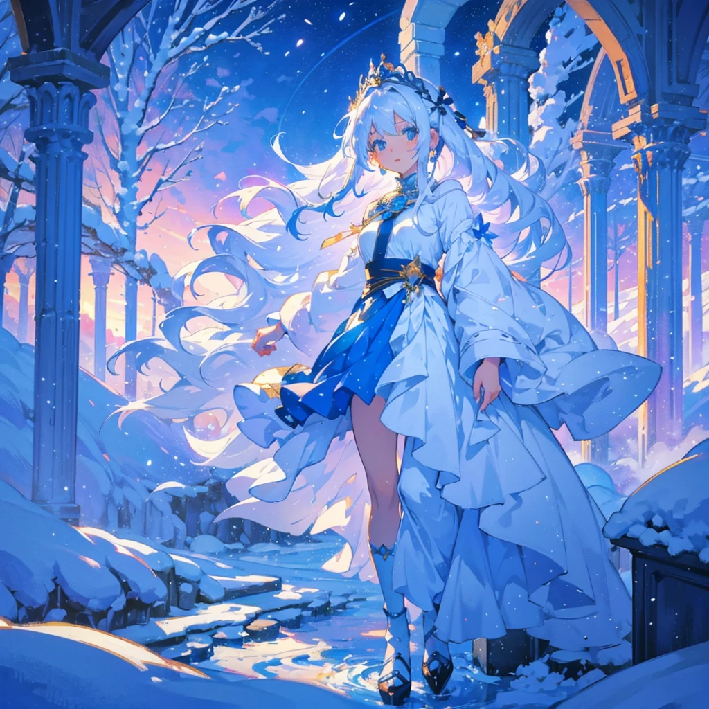 In a snowy landscape, there is a beautiful anime girl with long white hair and a blue dress. Her white hair is flowing and floating in the air, creating a mystical and ethereal atmosphere. She looks like a goddess with her enchanting appearance, exuding an aura of youth and beauty. The artwork is in a fantasy anime style, depicting the girl in a whimsical and magical setting. The flowing and glowing hair adds a touch of radiance and grace to the character. The overall artwork is a beautiful digital masterpiece, showcasing the beauty of anime art. The girl can be portrayed as a fantasy queen, radiating elegance and power. The artwork can also incorporate elements of 2.5D CGI, adding depth and realism to the fantasy anime art piece. The color scheme is vibrant and vivid, with the snowy landscape and the girl's blue dress contrasting against the white hair. The lighting in the artwork is soft and ethereal, capturing the magical ambiance of the scene.