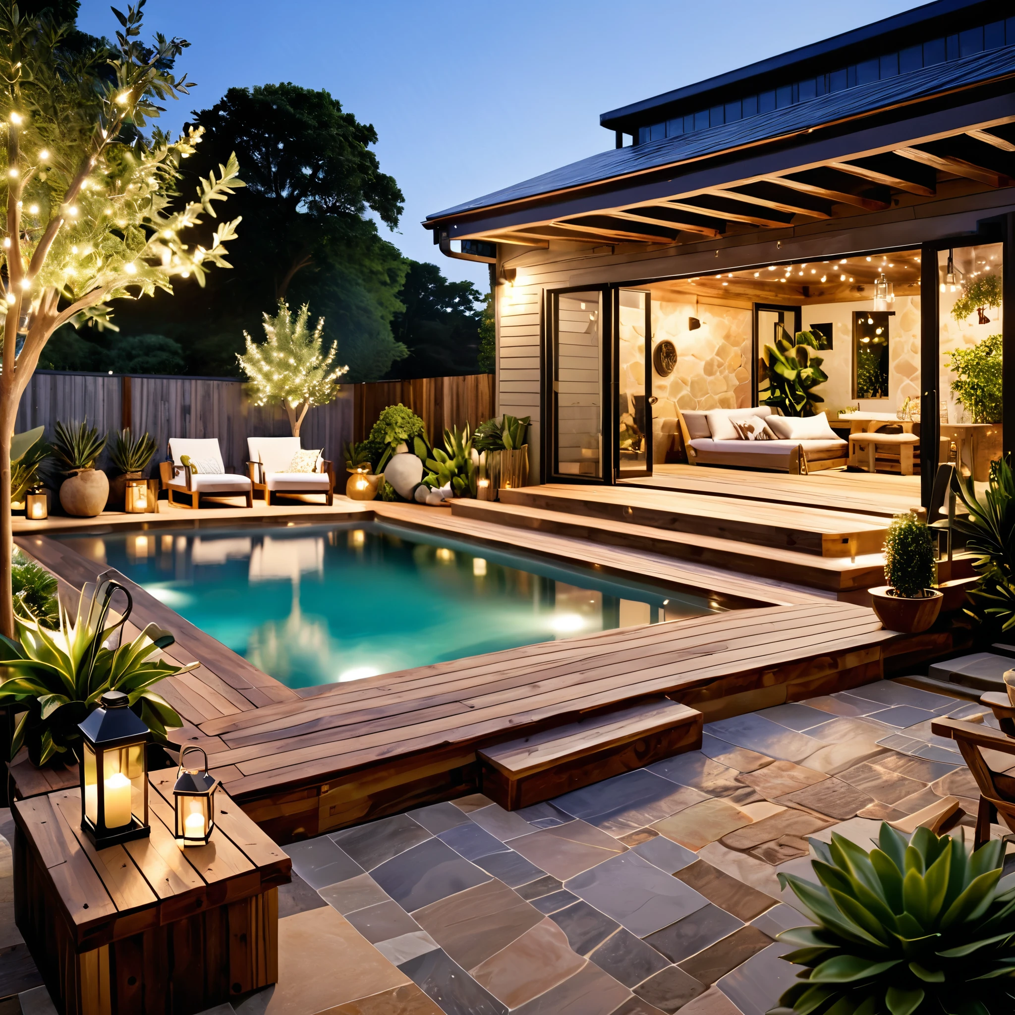Design a cozy and rustic outdoor space with a charming swimming pool. The setting should include a container home with a warm, inviting design. Add string lights for a soft glow, comfortable lounge chairs with blankets, and a small dining area with rustic wooden furniture. Surround the pool with plants and natural elements, and ensure the water is clear and inviting with subtle lighting, creating a relaxing and intimate environment.
