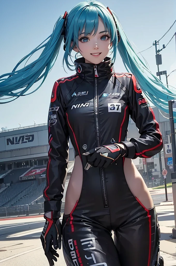 (Racing Car)(((Nissan GT-R)))、Highest quality, masterpiece, Ultra-high resolution, (Realistic:1.2)１woman(((Race Queen)))、(Highest quality)、((Smiling with teeth showing))、sunlight、Hot summer day、、((circuit))、hatsune miku、((Shiny, Colorful and flashy leotards))、High Leg、Brown Skin、smile、Sunburn、 tattoo、((Light blue hair))、Long twin tails、((Jump energetically))((Highest quality)).4K